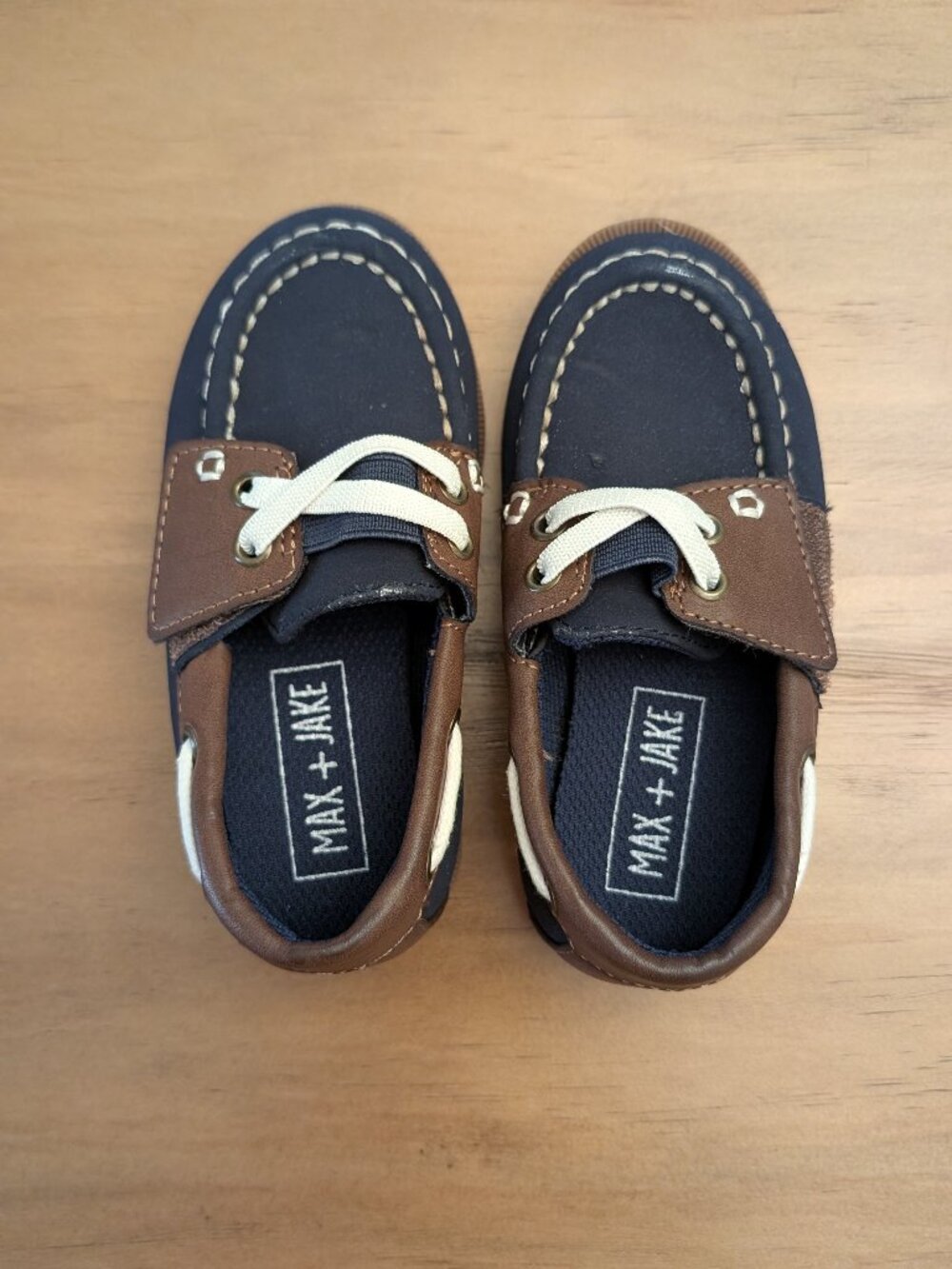 Max Jake Size 7K 7T Toddler Boys Navy Blue and Brown Velcro Boat Loafer Dress Sh